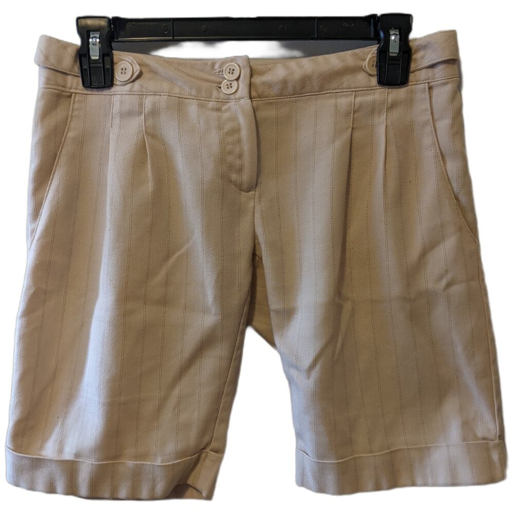 Vintage Y2K Low Rise Pinstripe Cuffed Shorts Khaki Pleated Preppy Skater 2000s 3